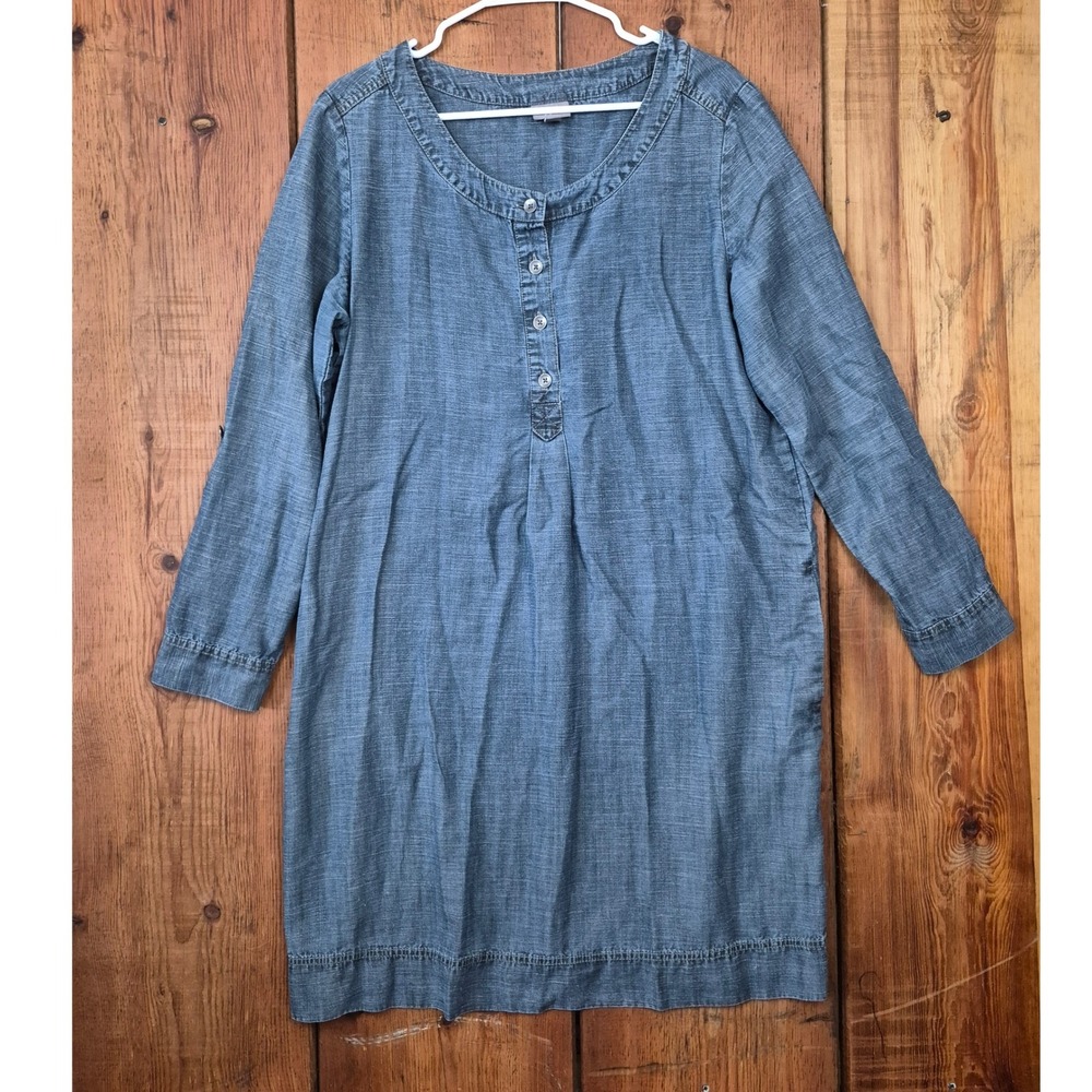J. Jill Blue Tencel Linen Blend Henley Roll Tab Sleeve Tunic Shift Dress Large